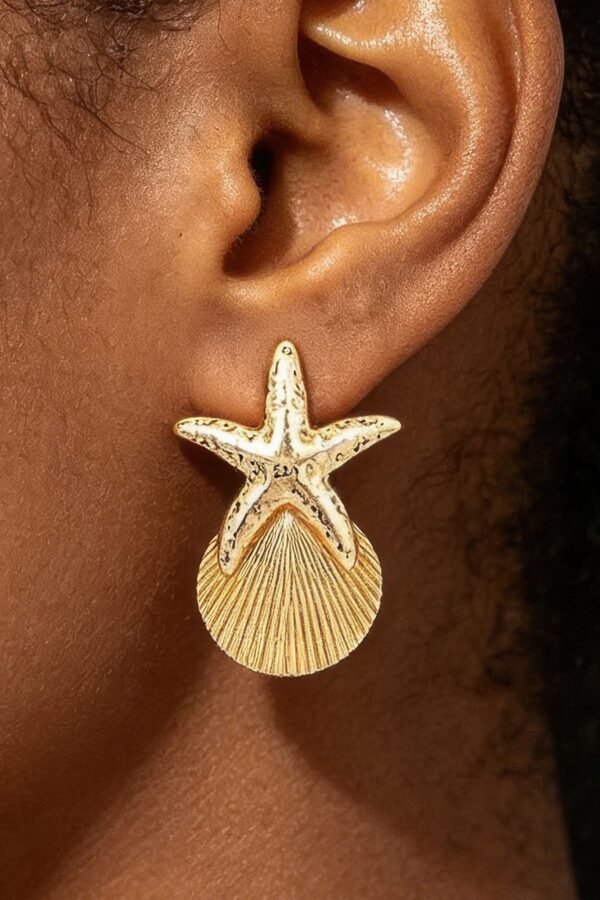 Starfish & Shell Drop Earrings - Textured Metal Motif