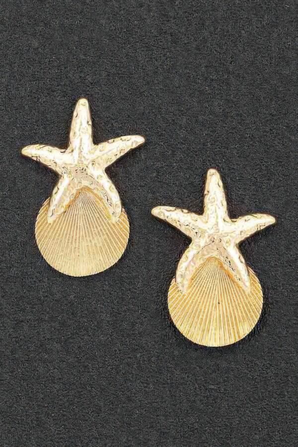 Starfish & Shell Drop Earrings - Textured Metal Motif