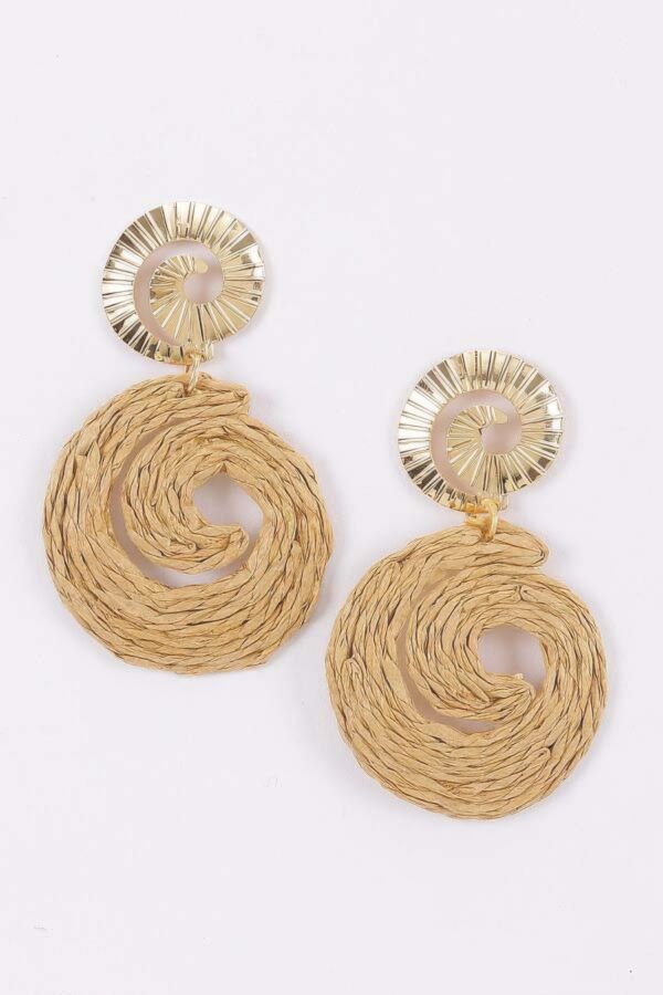 Raffia Spiral Drop Earrings - Woven Spiral Design