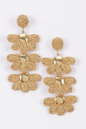 Raffia Flower Drop Earrings - Layered Boho Drops