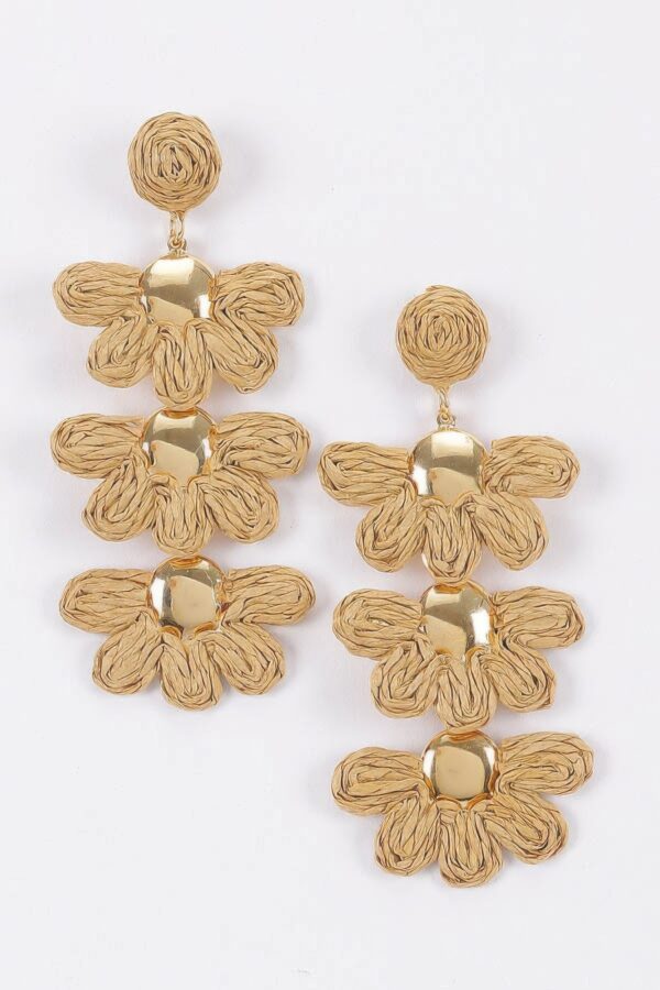 Raffia Flower Drop Earrings - Layered Boho Drops