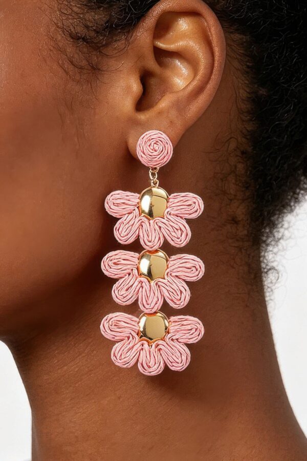 Raffia Flower Drop Earrings - Layered Boho Drops
