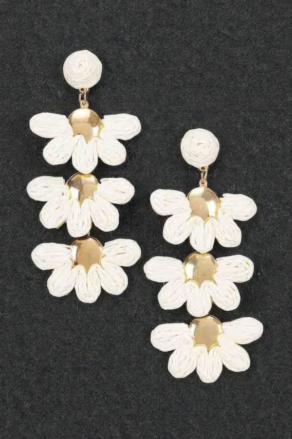 Raffia Flower Drop Earrings - Layered Boho Drops