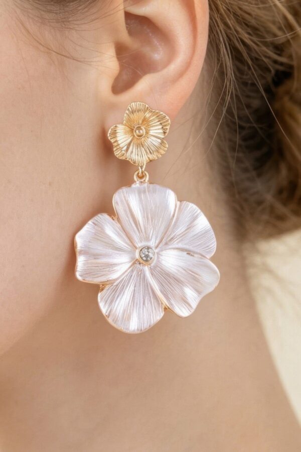 Layered Poppy Flower Drop Earrings - Textured Metal
