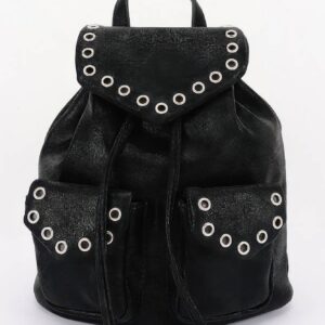 Vegan Leather Backpack - Curved Flap & Metal Eyelets