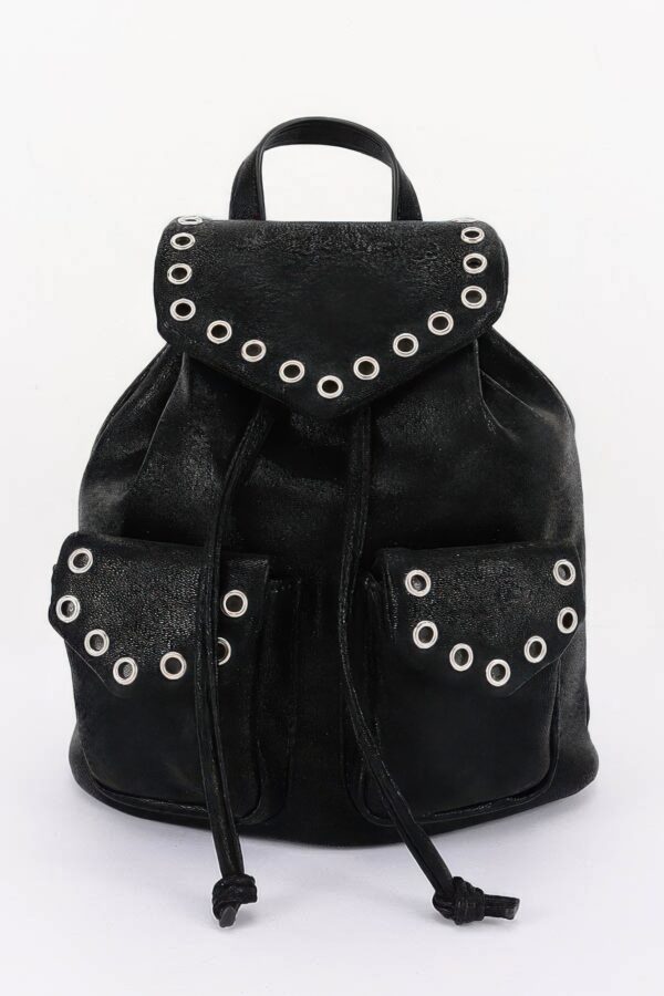 Vegan Leather Backpack - Curved Flap & Metal Eyelets
