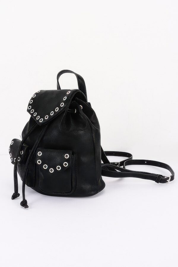 Vegan Leather Backpack - Curved Flap & Metal Eyelets