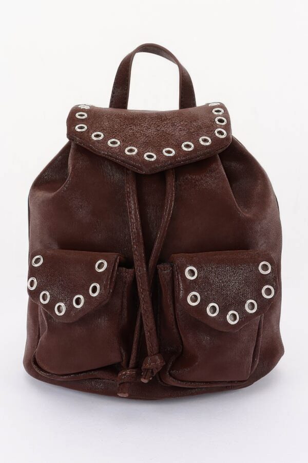 Vegan Leather Backpack - Curved Flap & Metal Eyelets