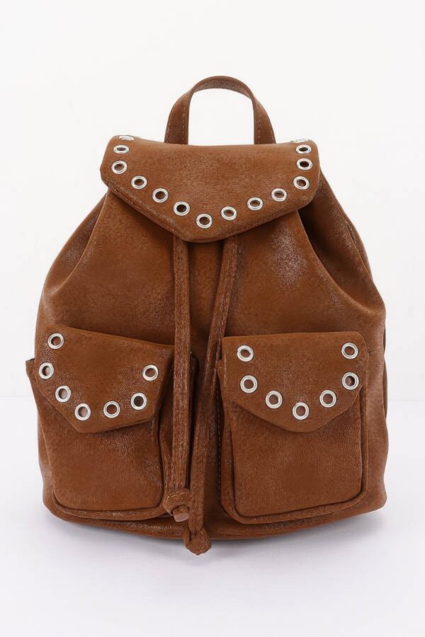 Vegan Leather Backpack - Curved Flap & Metal Eyelets