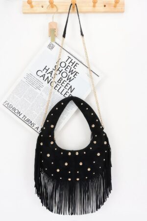 Studded Fringe Faux Suede Hobo Bag