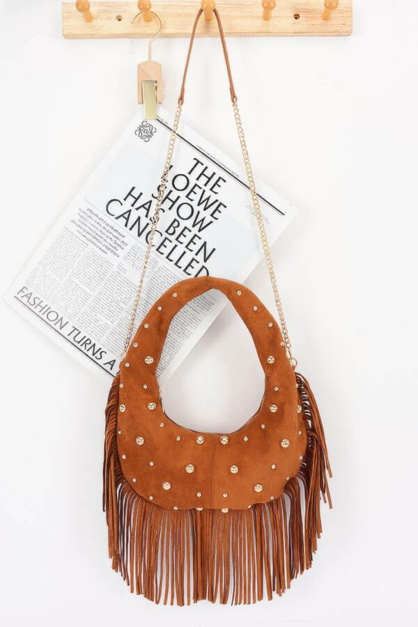 Studded Fringe Faux Suede Hobo Bag