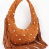 Studded Fringe Faux Suede Hobo Bag