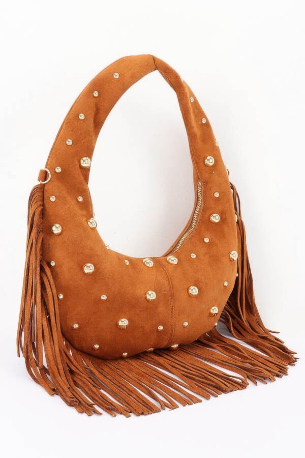 Studded Fringe Faux Suede Hobo Bag