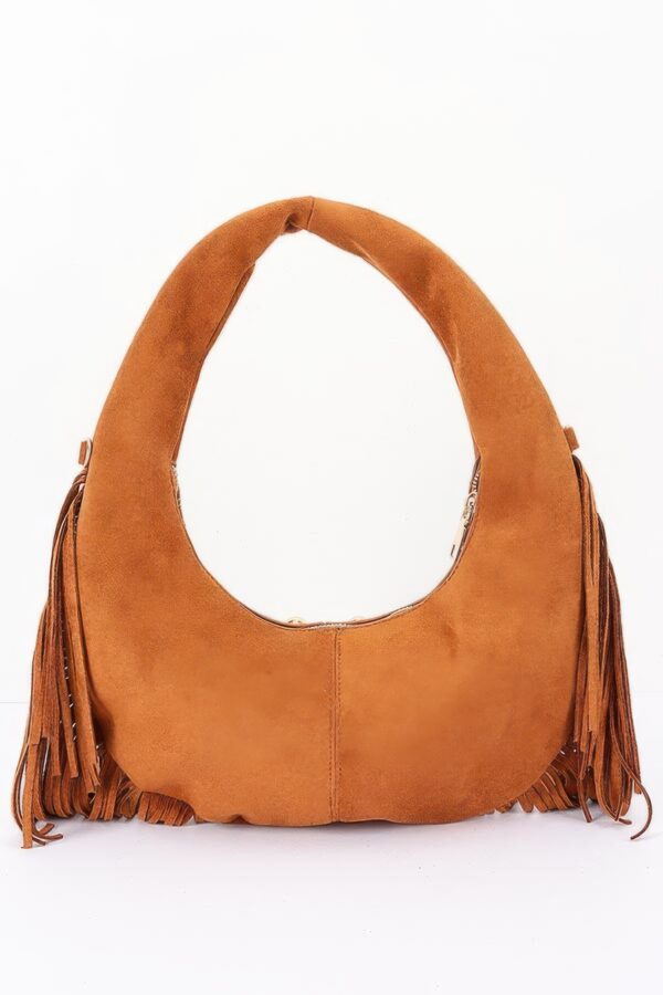 Studded Fringe Faux Suede Hobo Bag