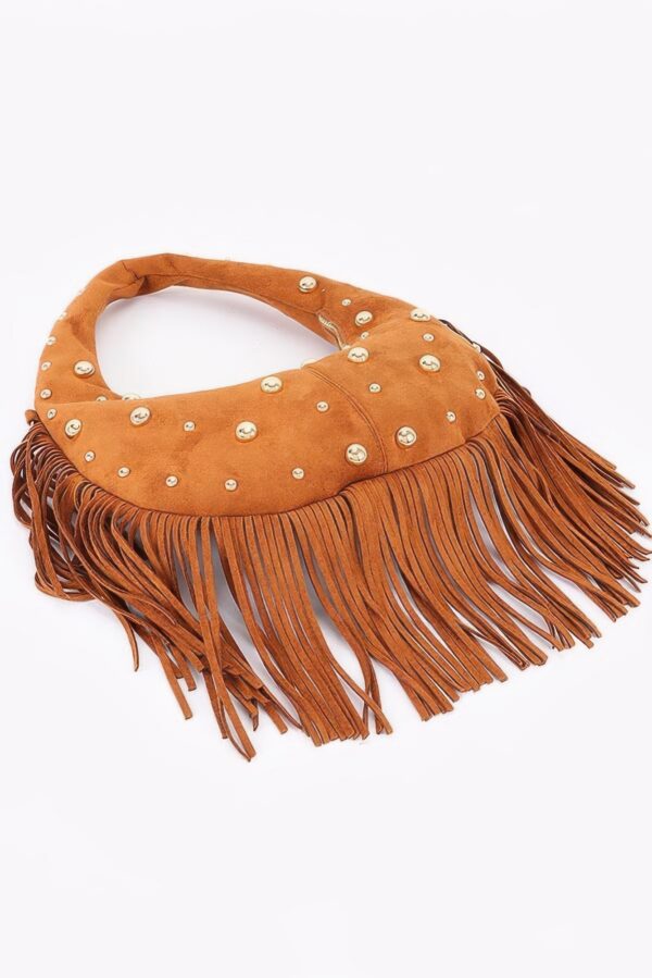 Studded Fringe Faux Suede Hobo Bag