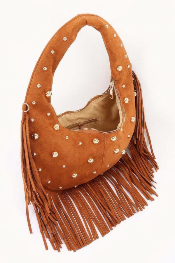 Studded Fringe Faux Suede Hobo Bag