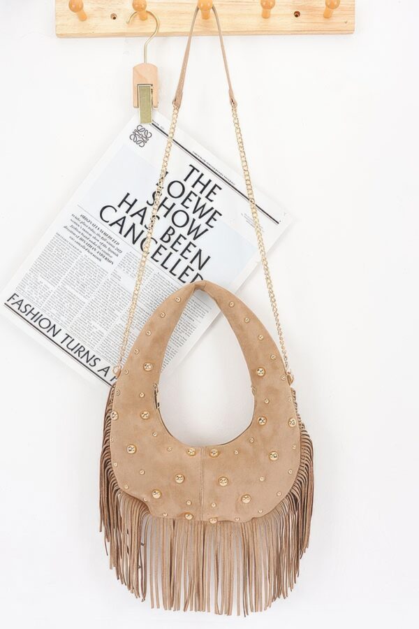 Studded Fringe Faux Suede Hobo Bag