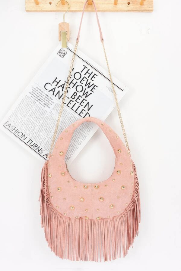 Studded Fringe Faux Suede Hobo Bag