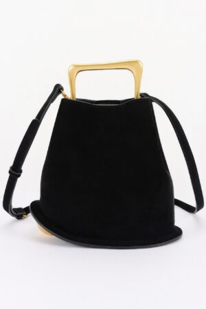 Faux Suede Handbag with Polished Metal Handle
