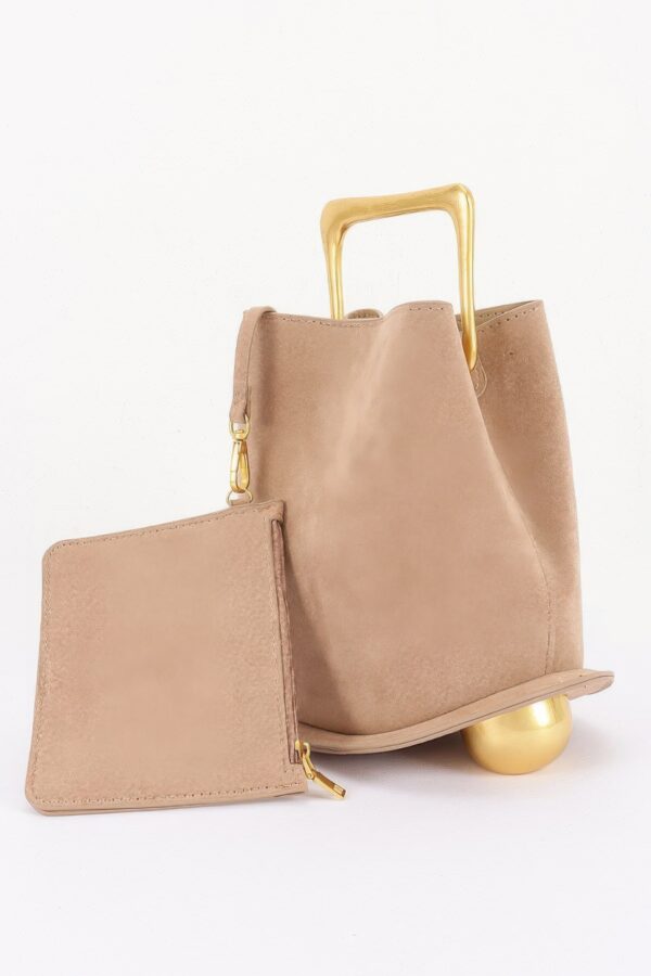 Faux Suede Handbag with Polished Metal Handle