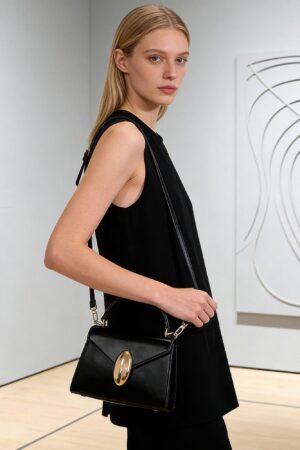 Structured Vegan Leather Top-Handle Flap Bag - Oval Accent