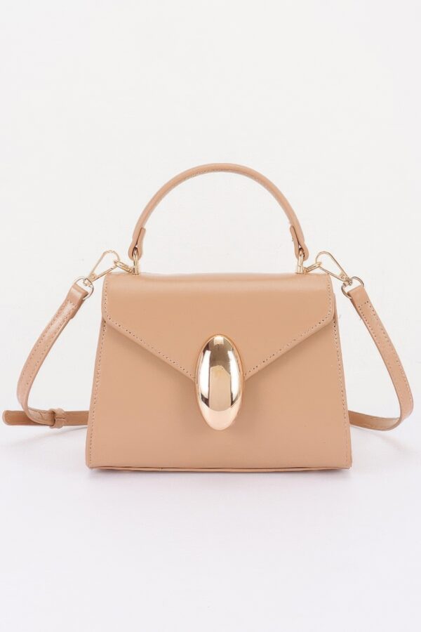 Structured Vegan Leather Top-Handle Flap Bag - Oval Accent