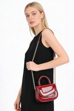 Patent-Effect Top Handle Bag with Detachable Chain Strap