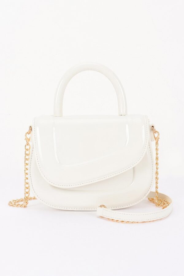 Patent-Effect Top Handle Bag with Detachable Chain Strap