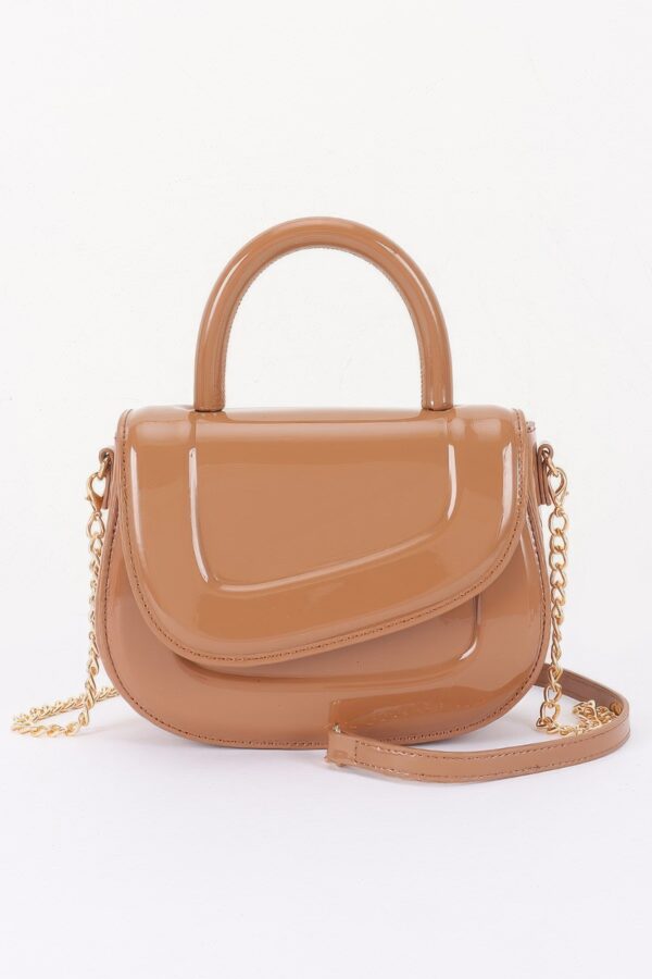 Patent-Effect Top Handle Bag with Detachable Chain Strap
