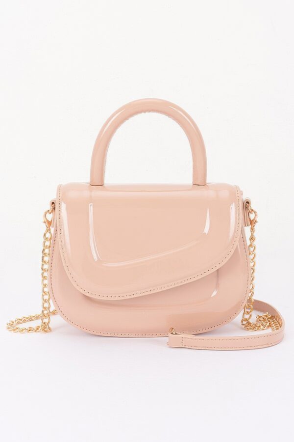 Patent-Effect Top Handle Bag with Detachable Chain Strap