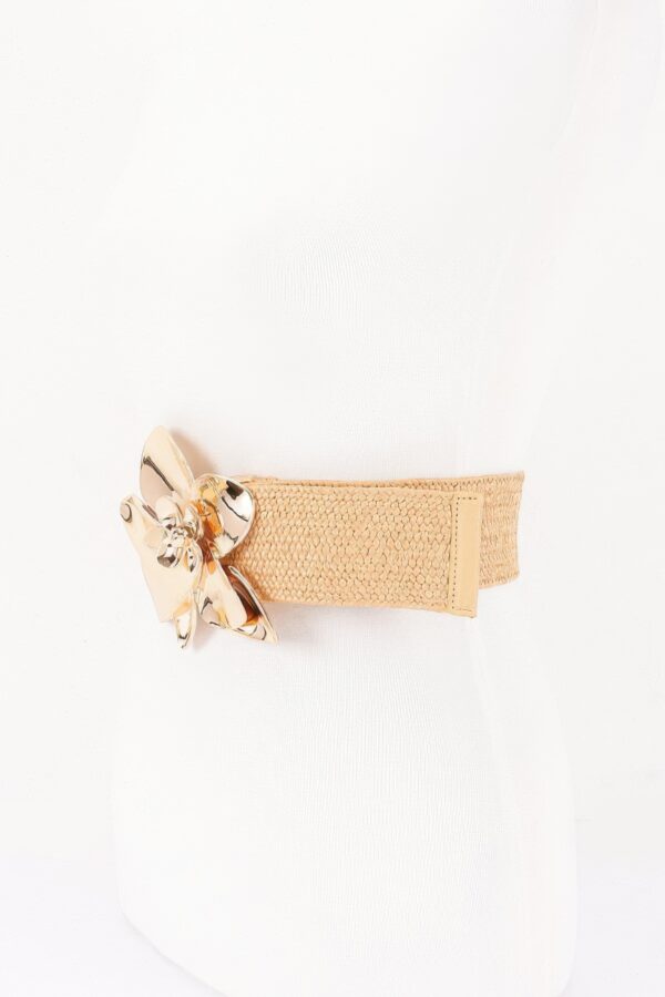 Faux Straw Elastic Belt with Oversized Flower Buckle