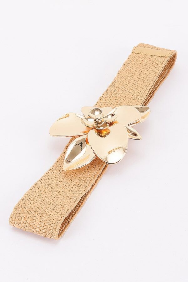 Faux Straw Elastic Belt with Oversized Flower Buckle
