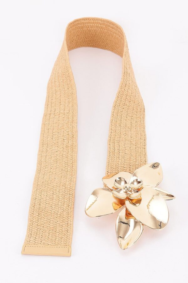 Faux Straw Elastic Belt with Oversized Flower Buckle