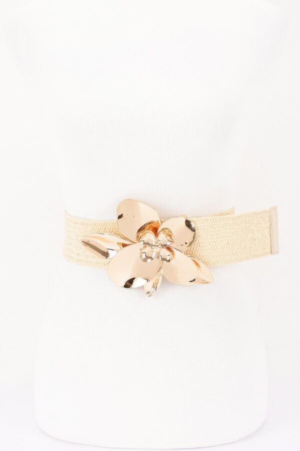 Faux Straw Elastic Belt with Oversized Flower Buckle