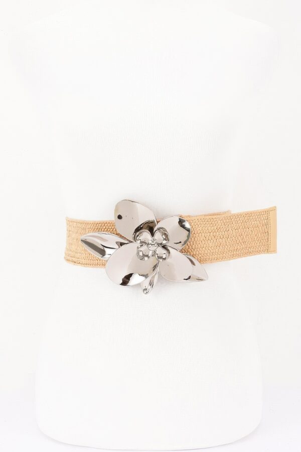 Faux Straw Elastic Belt with Oversized Flower Buckle