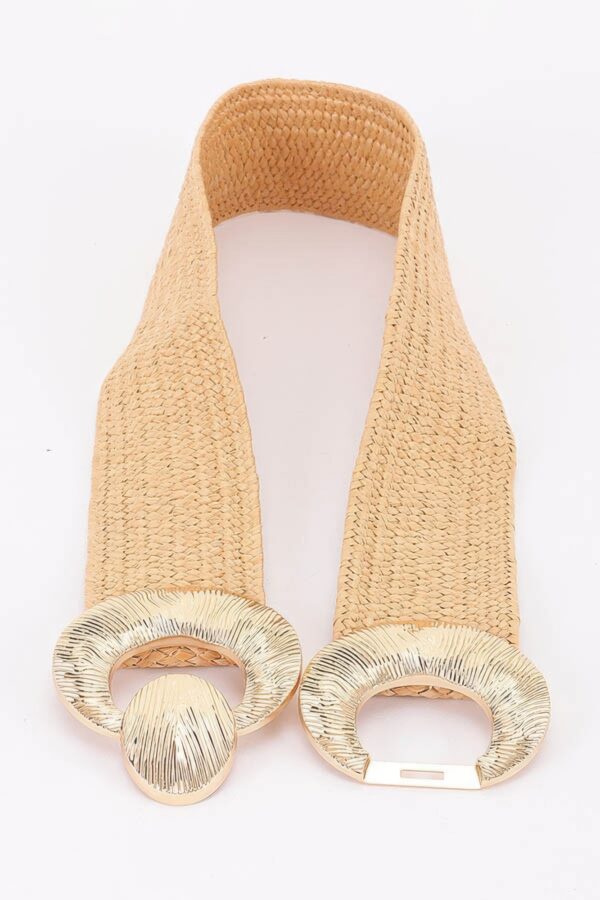 Faux Straw Wide Belt with Oversized Metal Buckle