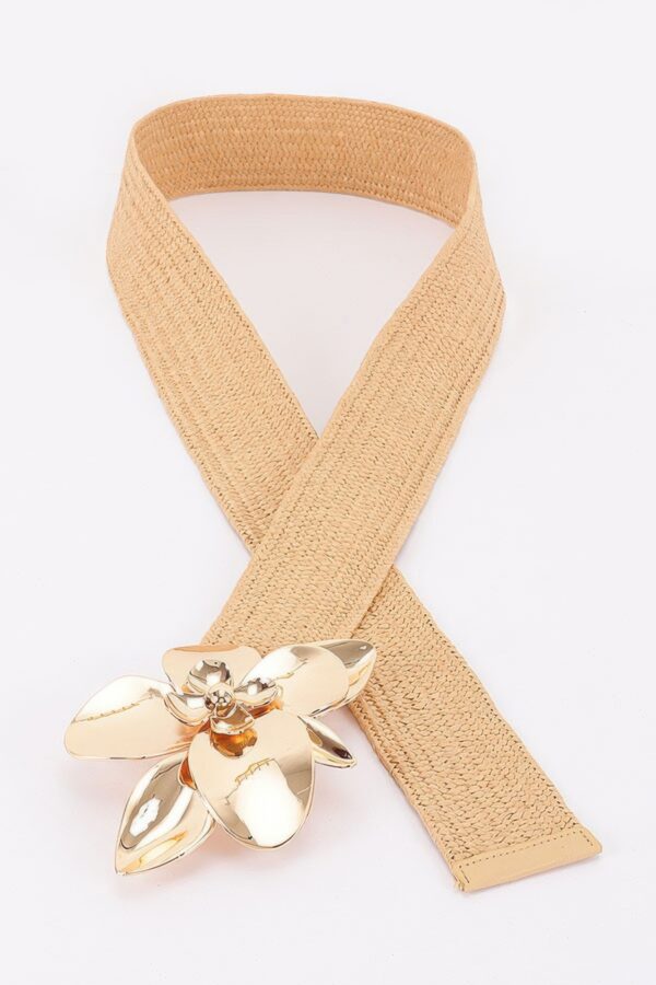 Plus-Size Faux Straw Belt with Flower Buckle