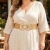 Plus-Size Faux Straw Elastic Belt with Double-Ring Buckle
