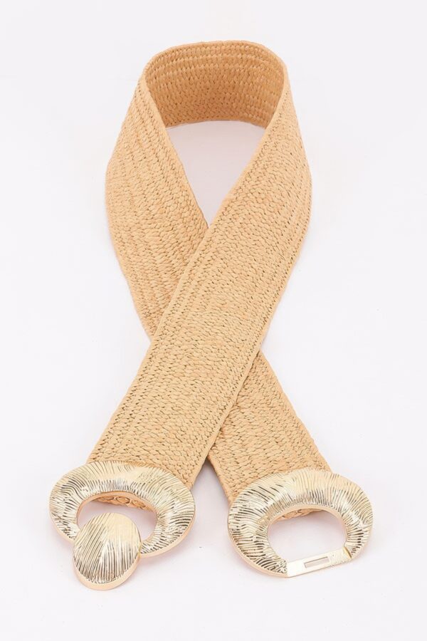 Plus-Size Faux Straw Elastic Belt with Double-Ring Buckle