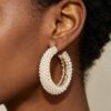Pearl-Encrusted Open Hoop Earrings, 2.25 in