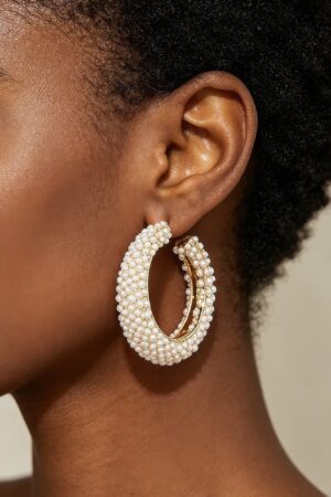 Pearl-Encrusted Open Hoop Earrings, 2.25 in
