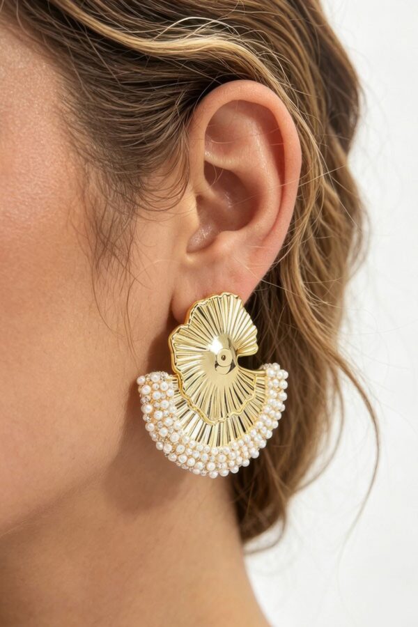 Ginkgo Leaf Pearl-Trim Stud Earrings - Delicate Botanical Accent