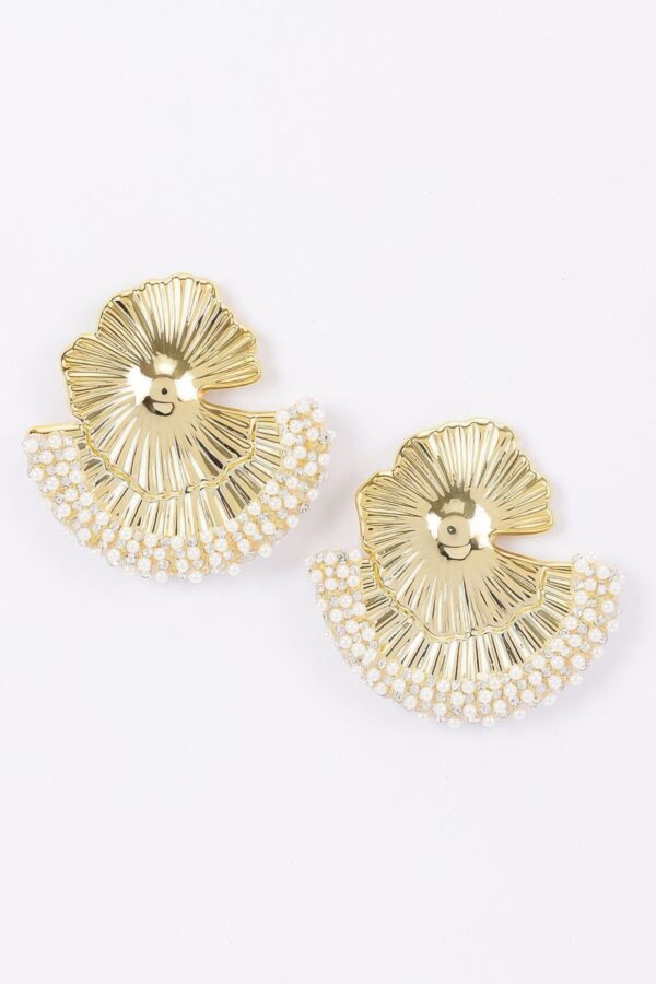 Ginkgo Leaf Pearl-Trim Stud Earrings - Delicate Botanical Accent