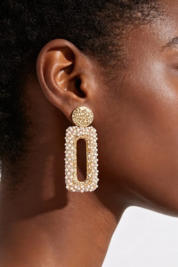 Gold Hammered Disc & Pearl-Cluster Rectangular Drop Earrings