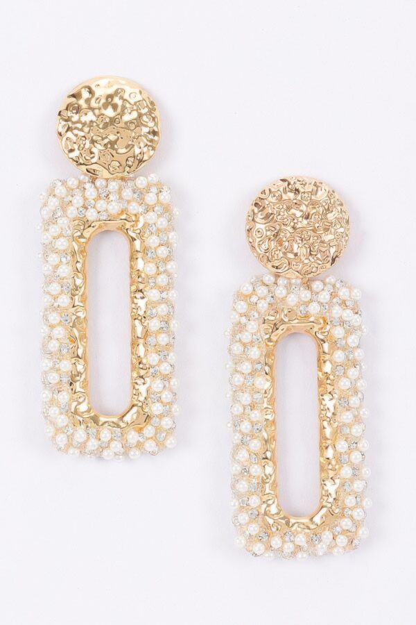 Gold Hammered Disc & Pearl-Cluster Rectangular Drop Earrings
