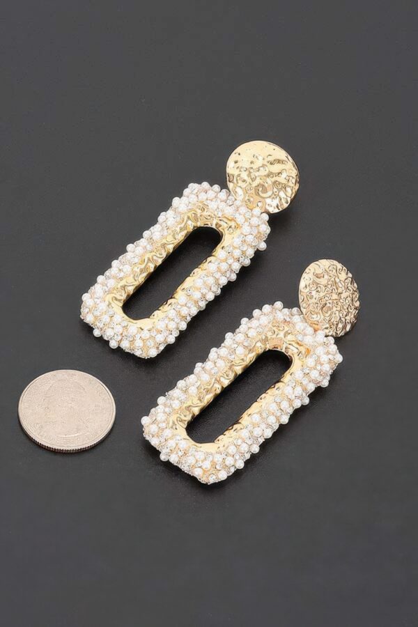 Gold Hammered Disc & Pearl-Cluster Rectangular Drop Earrings