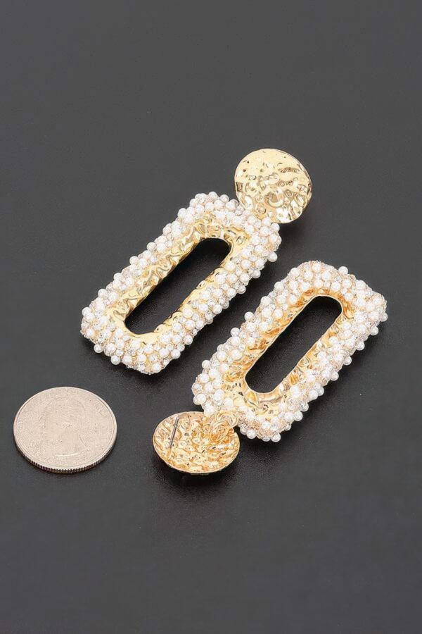 Gold Hammered Disc & Pearl-Cluster Rectangular Drop Earrings