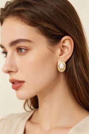 Teardrop Pearl Stud Earrings - Layered Oval Frame