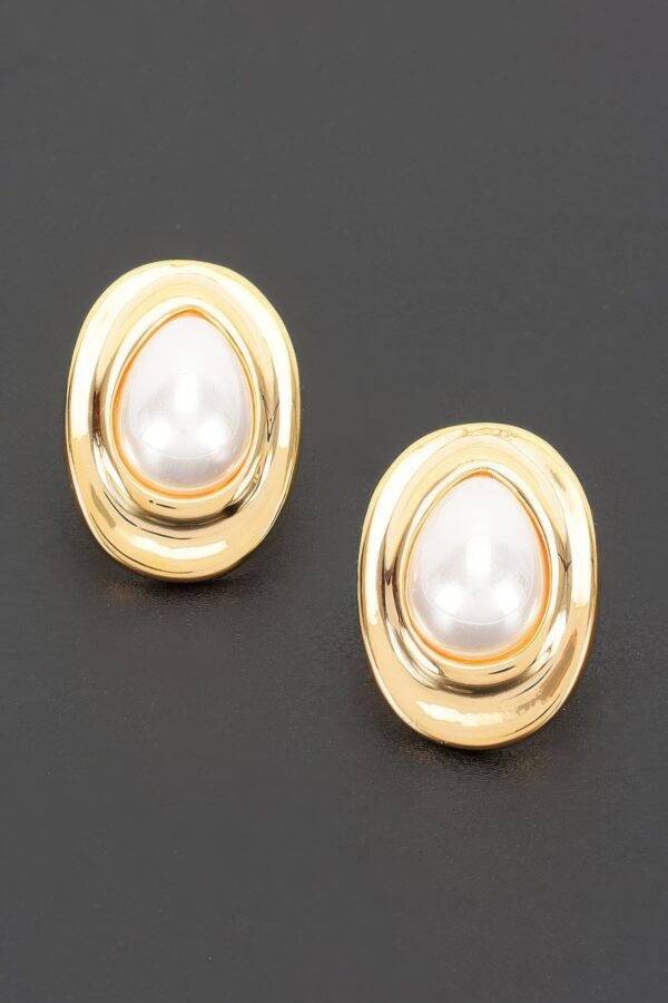 Teardrop Pearl Stud Earrings - Layered Oval Frame
