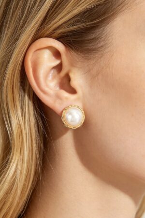 Round Pearl Stud Earrings with Braided Metal Frame